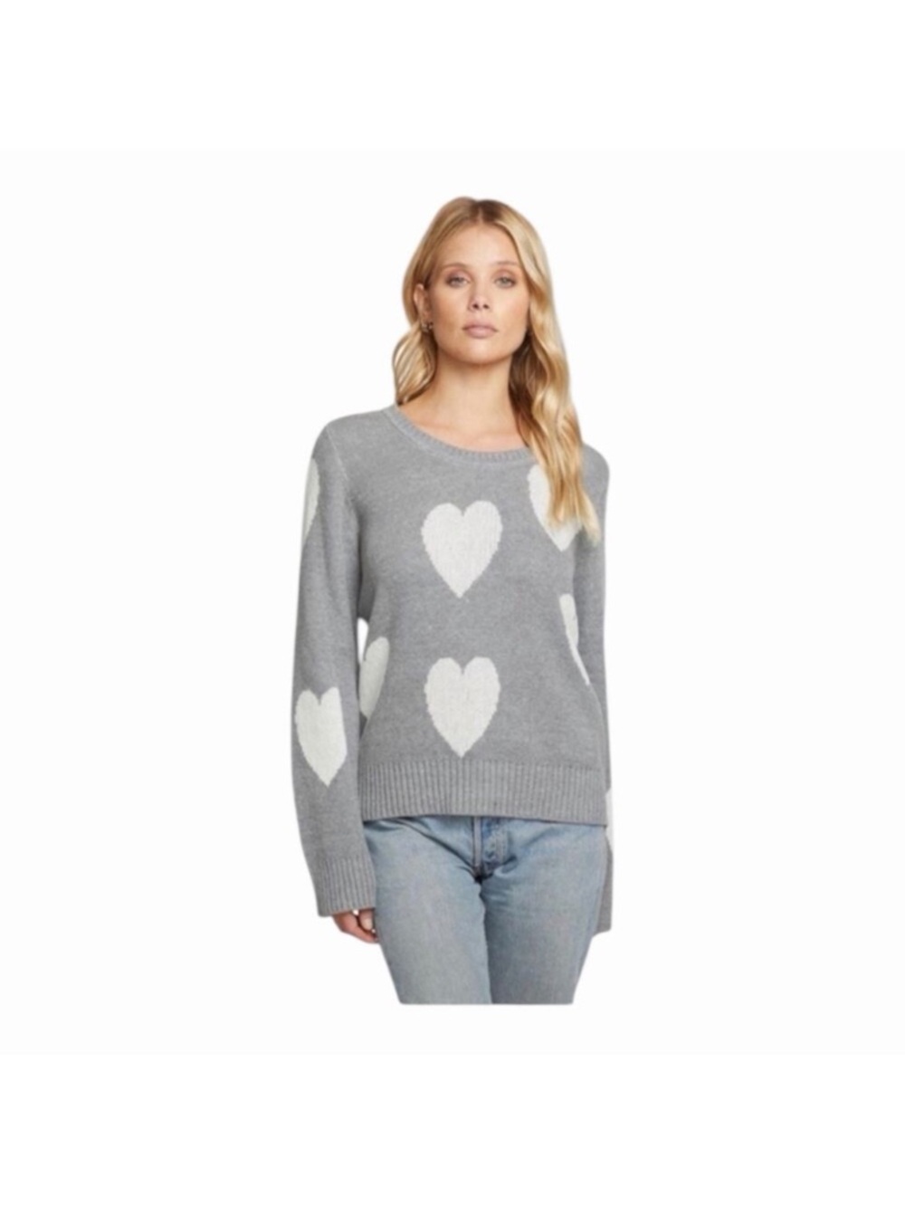 NWOT Chaser Gray Crewneck Sweater with White Heart Motif